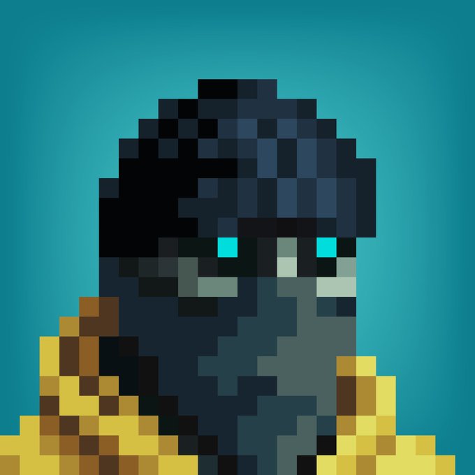 A pixel art image shows a person with dark hair and cyan pixelated eyes against a solid teal background, wearing a yellow and brown patterned shirt.