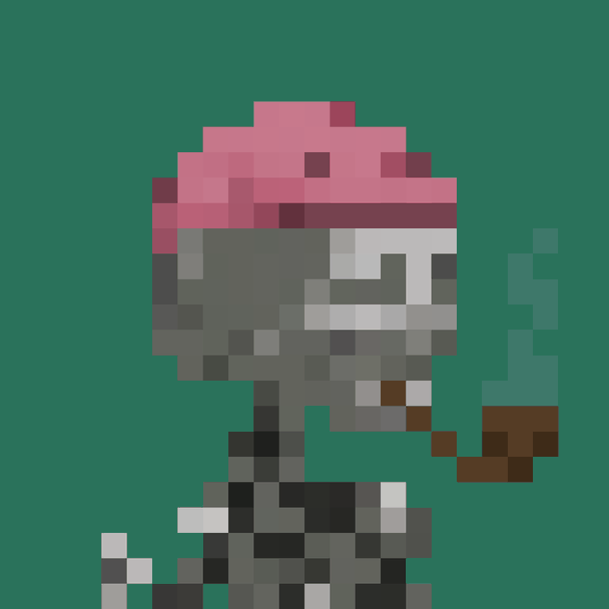 Pixel art illustration of a grey, skeleton-like character wearing a pink cap, smoking a brown pipe against a green background.