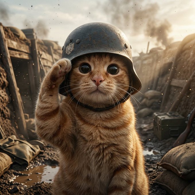 A hyper-realistic illustration of an orange tabby kitten wearing an oversized military helmet, saluting with its paw amid a war-torn battlefield with sandbags, wooden barricades, and smoke in the background.