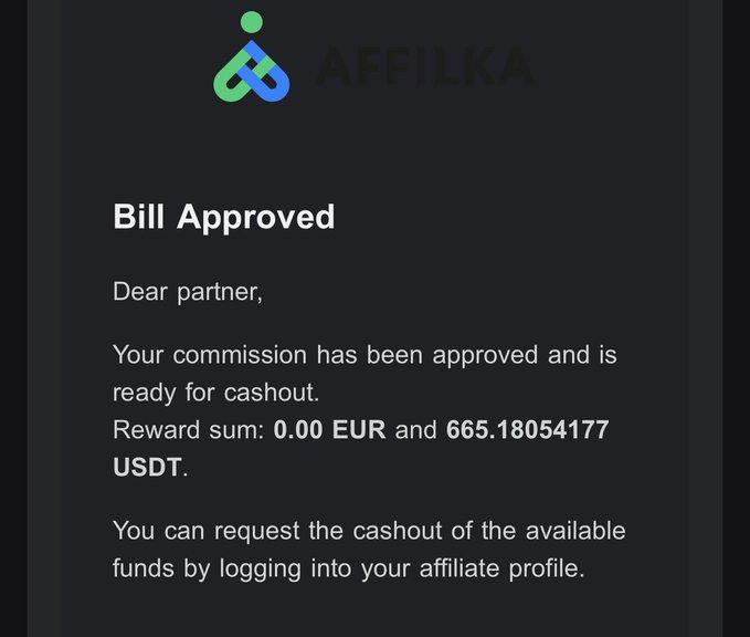 A "Bill Approved" notification from AFFILKA showing a reward of 665.18054177 USDT (plus 0.00 EUR) ready for cashout, confirming the affiliate commission earned from Qzino via Wallchain as described in the post.