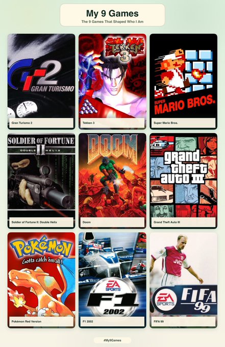 A collage titled 'My 9 Games - The 9 Games That Shaped Who I Am' displaying covers for Gran Turismo 2, Tekken 3, Super Mario Bros., Soldier of Fortune II: Double Helix, Doom, Grand Theft Auto III, Pokémon Red Version, F1 2002, and FIFA 99.