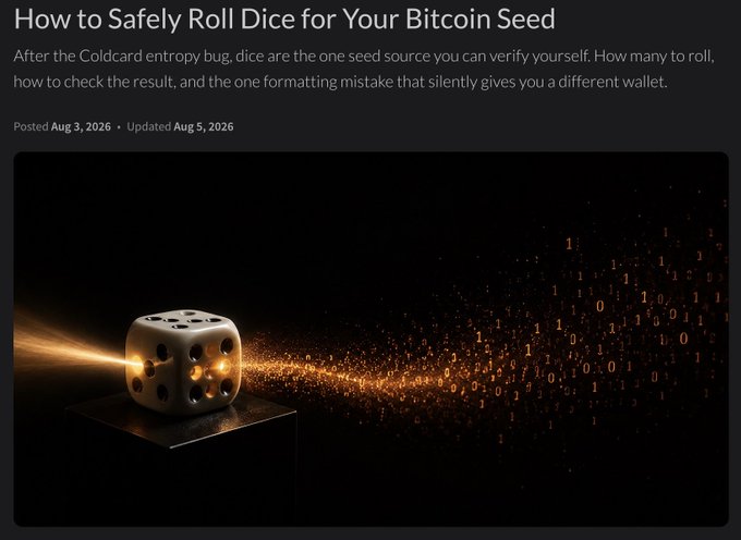 The image is a blog post header titled "How to Safely Roll Dice for Your Bitcoin Seed," featuring a dramatic photo of a glowing die with digital binary particles trailing from it. The post references the Coldcard entropy bug and explains that dice can serve as a verifiable seed source, with guidance on quantity, verification, and formatting pitfalls. This directly supports the accompanying message about Matthew Black's website resource on generating seeds with dice and understanding entropy loss.