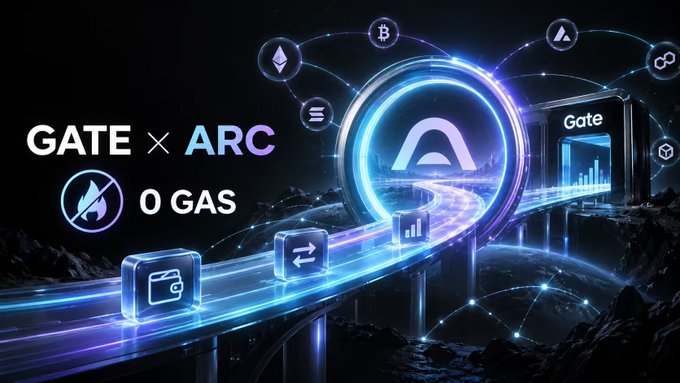 A promotional banner for 'GATE × ARC' advertising '0 GAS' with neon blue circular logos and various cryptocurrency icons (BTC, ETH, etc.) connected by light trails.