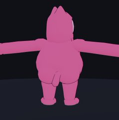 A pink cartoon-like character with arms outstretched is viewed from behind against a dark background.