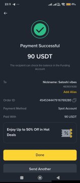 A screenshot of a successful payment confirmation showing a 90 USDT transfer to "Satoshi vibes" via Binance Pay, ironically highlighting how easily funds can be sent—contrasting with the post's warning to "drop your wallets."