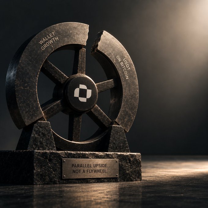 A dark, broken stone sculpture of a wheel on a pedestal with a plaque reading 'PARALLEL UPSIDE. NOT A FLYWHEEL.' and text on the wheel mentioning 'WALLET GROWTH' and 'USDT(BTC) ON BITCOIN'.