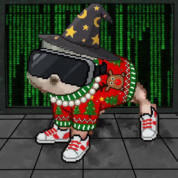 Pixel art shows a pug dog wearing a black witch hat with yellow stars and a festive red and green Christmas sweater featuring a reindeer and tree, set against a green digital code background.