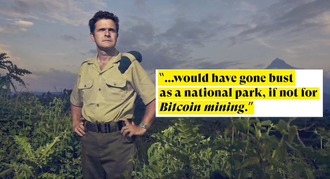 A man in a khaki uniform stands in a field with a mountain in the background, overlaid with the highlighted text: "...would have gone bust as a national park, if not for Bitcoin mining."