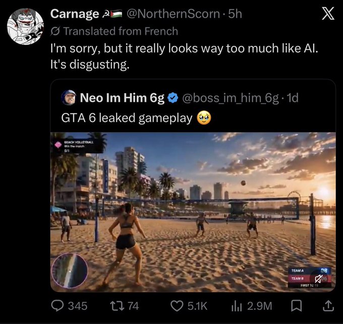 A Twitter/X post by Carnage (@NorthernScorn) commenting on what appears to be leaked GTA 6 gameplay footage, saying 'I'm sorry, but it really looks way too much like AI. It's disgusting.' The embedded image shows a beach volleyball scene with UI elements like 'BEACH VOLLEYBALL Win the match 0/1' and 'FIRST TO 12' with team scores.