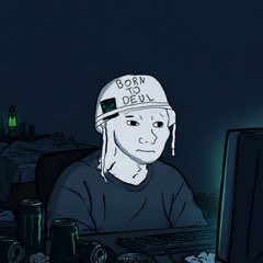 Illustration of a pale figure wearing a beanie reading 'BORN TO LOSE' sitting in a dark room in front of a computer monitor, surrounded by empty cans.