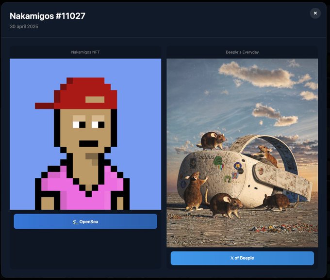 An NFT listing page for "Nakamigos #11027" dated "30 april 2025", showing two pieces: a pixel art character titled "Nakamigos NFT" and a surreal image of mice around a bottle titled "Beeple's Everyday".