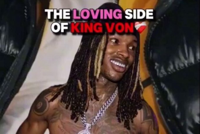 A YouTube thumbnail or video still showing a smiling man with dreadlocks and tattoos. The text overlay reads "THE LOVING SIDE OF KING VON" with a bandage emoji.