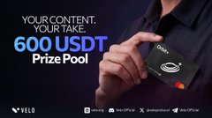 A promotional graphic reading "YOUR CONTENT. YOUR TAKE. 600 USDT Prize Pool" featuring a hand holding a credit card, with Yelo, ding*, and VestaOffice logos.