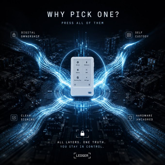 A Ledger crypto hardware wallet advertisement with the headline "WHY PICK ONE? PRESS ALL OF THEM," highlighting features like Digital Ownership, Self Custody, Clear Signing, and Hardware Anchored, with the tagline "ALL LAYERS. ONE TRUTH. YOU STAY IN CONTROL."