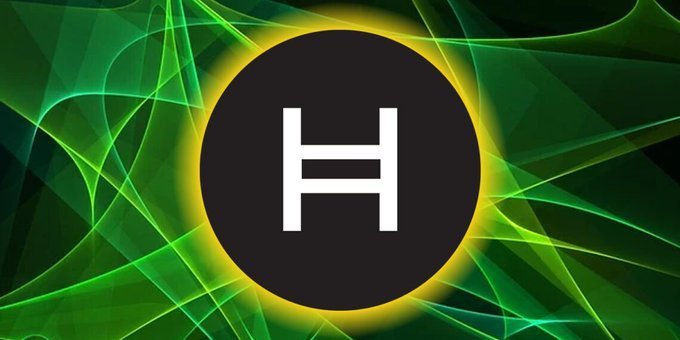 The Hedera (HBAR) cryptocurrency logo displayed as a white 'H' on a black circle with yellow glow, set against a swirling green abstract background.