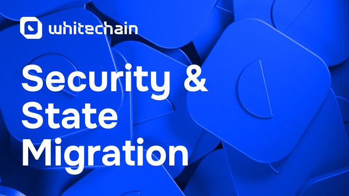 A blue graphic with the 'whitechain' logo and the text 'Security & State Migration' over a background of 3D blue cubes.