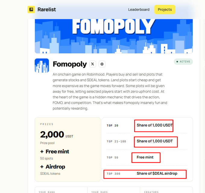 A Rarelist project page for “Fomopoly” describes an onchain Roblox game and lists prizes including 2,000 USDT, free mint, airdrop, and 50 spots.