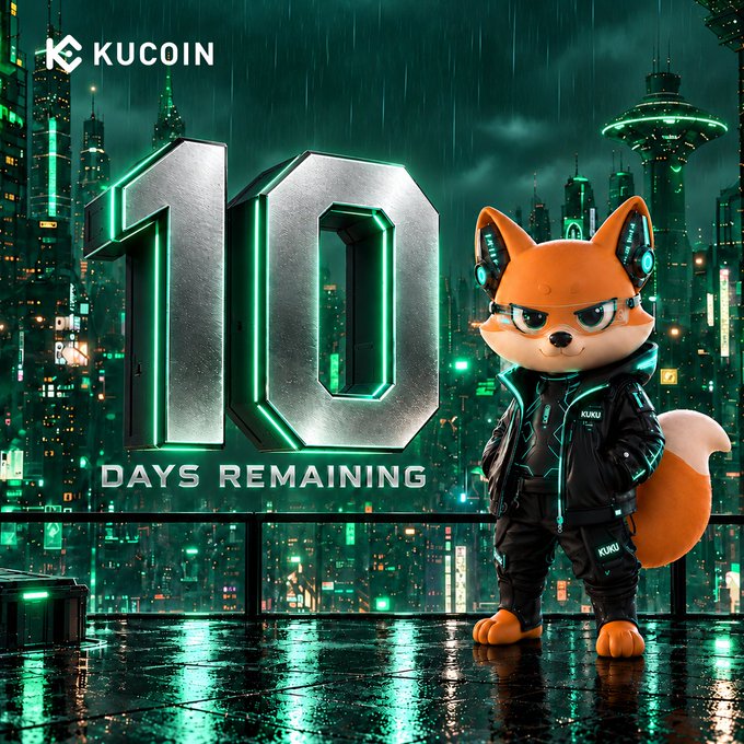 A cyberpunk fox mascot named "KUKU" stands on a rainy neon-lit city balcony next to a glowing "10 DAYS REMAINING" countdown sign, with the "KUCOIN" logo visible in the upper left—visually capturing the 10-day final countdown to the 100,000 USDT Neon City giveaway event.