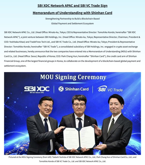 An SBI XDC Network APAC and SBI VC Trade memorandum of understanding page announces collaboration with Shinhan Card on a blockchain-based global payment and settlement ecosystem. Below, three suited representatives pose with an MOU before an “MOU Signing Ceremony” backdrop bearing SBI XDC, Shinhan Card, and SBI VC Trade logos.