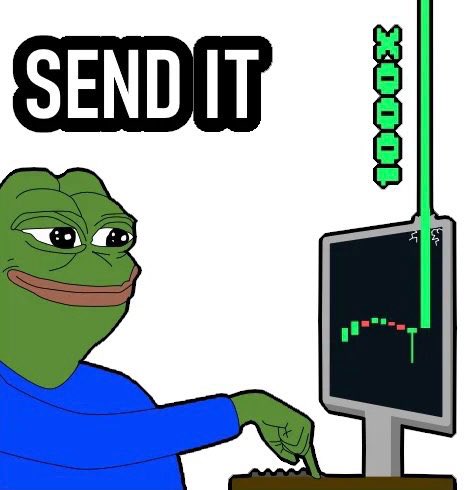 A meme of Pepe the Frog in a blue shirt pointing at a computer monitor displaying a Tetris-like game, with 'SENDIT' in bold text and a green vertical bar reading 'XOOOO.'