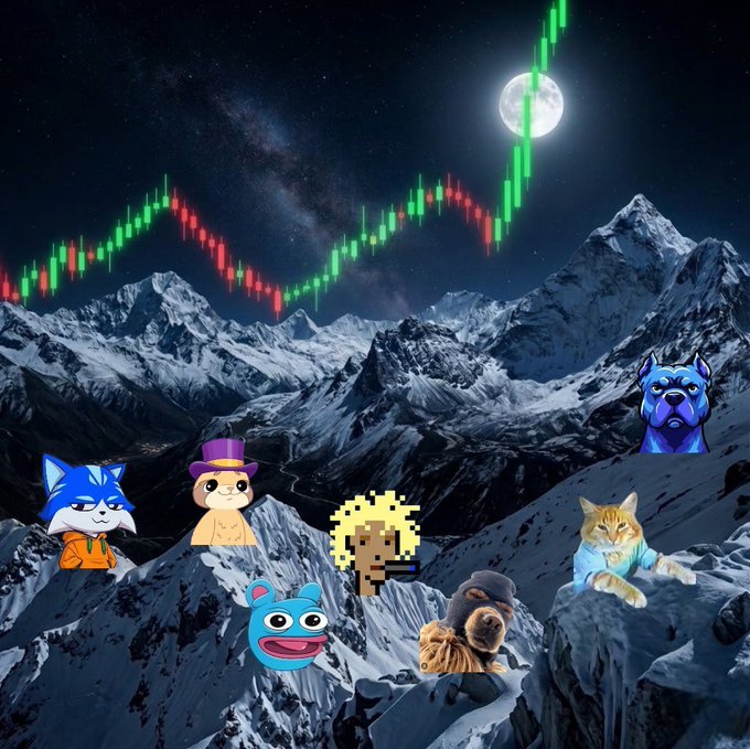 A nighttime mountain landscape under a full moon features a glowing green and red candlestick trading chart stretching across the starry sky, surrounded by various meme coin mascots (Cat, Doge, Shiba Inu, Pepe, Wojak, and others) perched on snowy peaks. The image pairs with "base never sleeps, neither do we" to evoke relentless 24/7 crypto trading vigilance, with the bearish dip and bullish recovery on the chart symbolizing the round-the-clock volatility traders monitor.