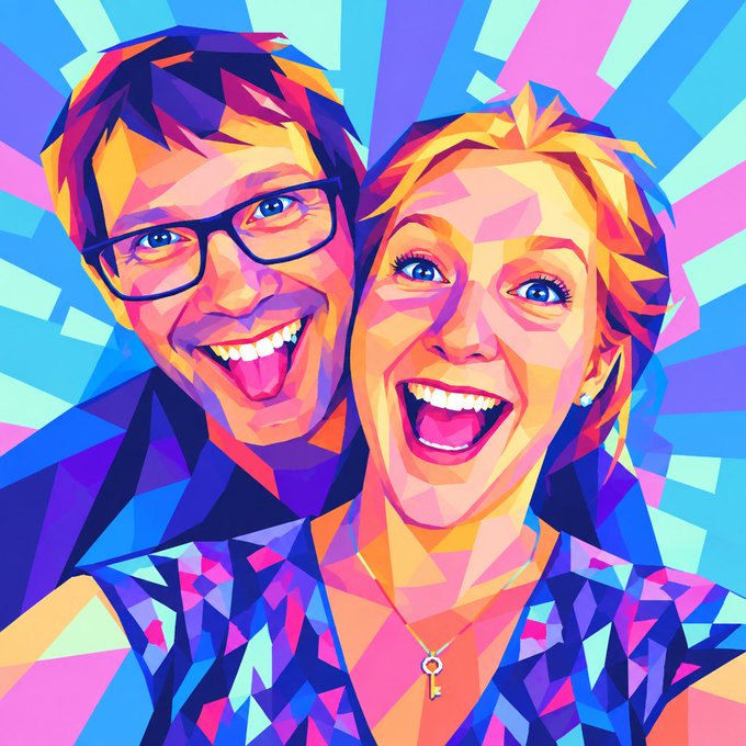 A vibrant, colorful pop-art style digital portrait of a smiling man with glasses and a laughing blonde woman against a geometric background of pink, blue, and purple shapes.