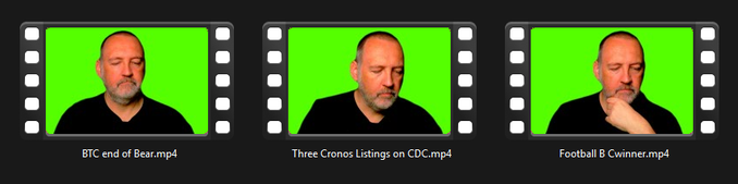 Three video thumbnails showing a man against green screens, labeled 'BTC end of Bear.mp4', 'Three Cronos Listings on CDC.mp4', and 'Football B Cwinner.mp4'.