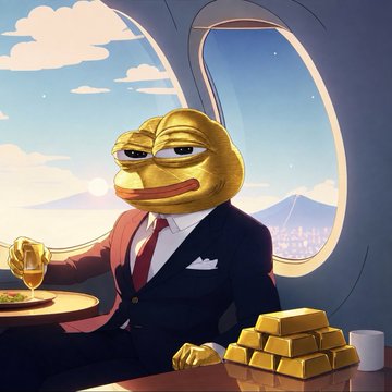 A confident Pepe the Frog dressed in a sharp suit sits in a private jet, holding a glass of wine beside stacked gold bars—symbolizing wealth and luxury. The image reflects the post's bullish sentiment about gold breaking through key technical resistance, celebrating a "golden" breakout moment.