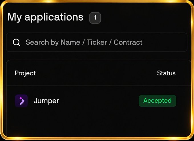 A dark-themed application dashboard titled 'My applications' showing one entry: a project called 'Jumper' with an 'Accepted' status, featuring a search bar for name/ticker/contract.