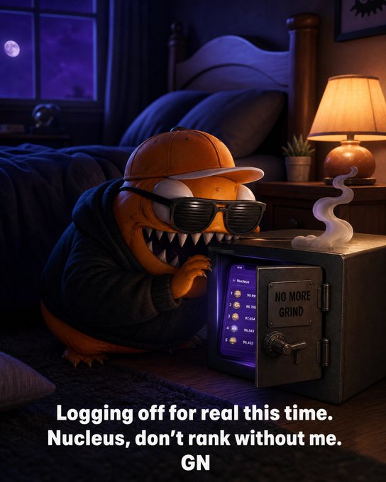 An animated illustration of an orange creature wearing sunglasses and a cap interacting with a 'NO MORE GRIND' safe, with text reading 'Logging off for real this time. Nucleus, don't rank without me. GN'.