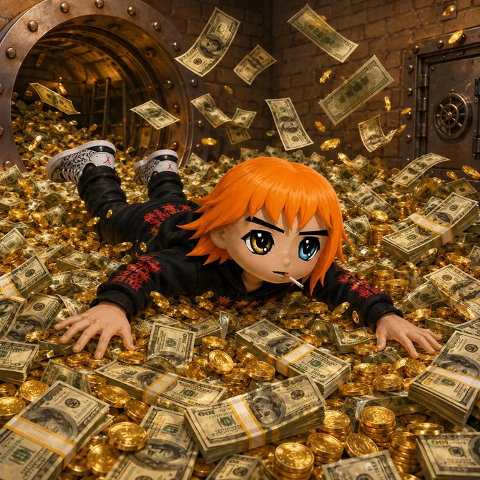 A 3D-rendered anime-style character with orange hair lying on a floor covered in stacks of US dollar bills and gold coins, with more cash flying through the air near an open vault.