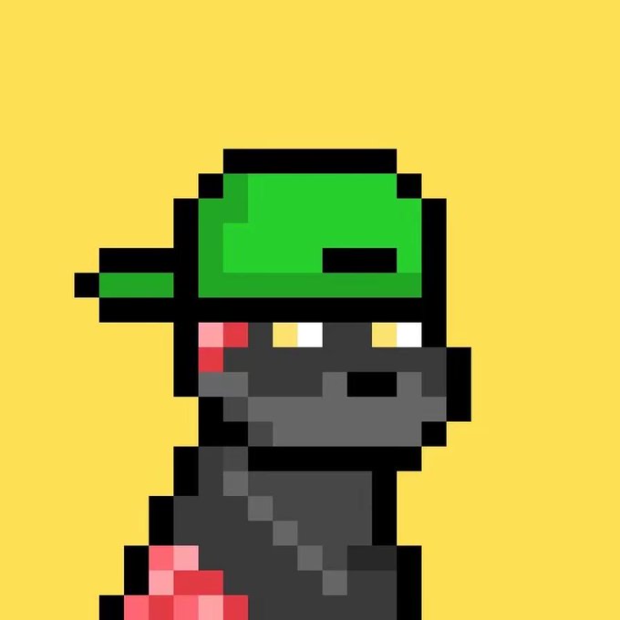 A pixel art image depicts a character wearing a green helmet and dark clothing, holding a red object against a solid yellow background.