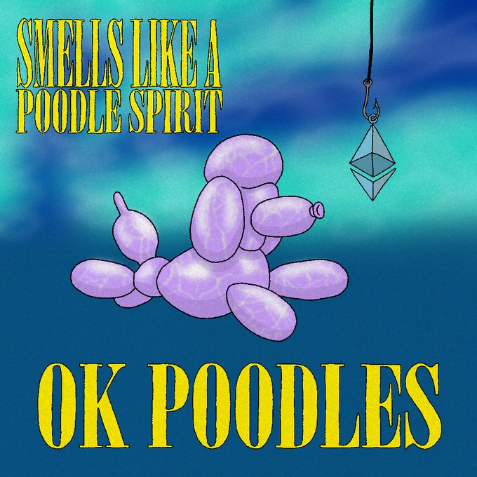 A digital illustration featuring the text 'SMELLS LIKE A POODLE SPIRIT' and 'OK POODLES' in yellow, with a purple balloon animal dog and a geometric pendant hanging against a blue-green background.