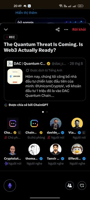 A mobile phone screenshot of a social or messaging app showing a post titled 'The Quantum Threat Is Coming. Is Web3 Actually Ready?' from DAC | Quantum Chain, in Vietnamese.