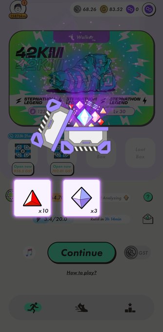 A STEP'N game interface showing a '42KM' Stepathon Legend event with rewards including red and blue gem icons, and a 'Continue' button at the bottom.
