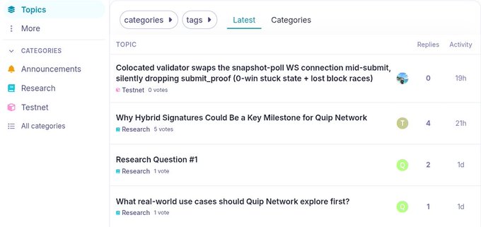 A screenshot of a forum's 'Latest' topics page, with visible posts including 'Colocated validator swaps the Snapshot-poll WS connection mid-submit', 'Why Hybrid Signatures Could Be a Key Milestone for Quip Network', and 'Research Question #1'.