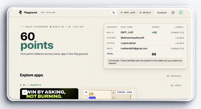 The image displays the Rialo Playground dashboard showing a user (EWYF_1x9Z) with 60 points total, having linked their wallet and email while Discord and GitHub remain locked, alongside a "Explore apps" section featuring a "Win by Asking, Not Burning" campaign and a 20-point task marked "Coming Soon."