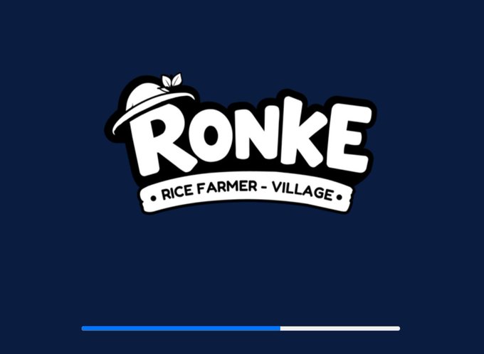 A logo for 'RONKE' with the tagline 'RICE FARMER - VILLAGE' displayed on a dark blue background, featuring a small hat illustration above the text.