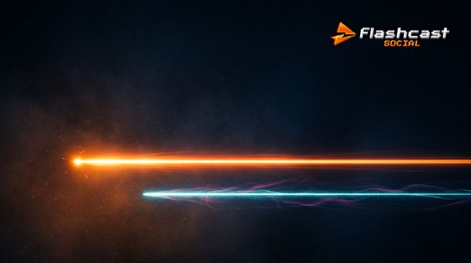Flashcast Social logo over a dark cosmic background featuring orange and blue light streaks resembling a meteor trail.
