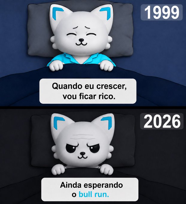 A two-panel meme featuring a cat-like character in bed, with the 1999 panel showing a hopeful child saying "Quando eu crescer, vou ficar rico" (When I grow up, I'll be rich) and the 2026 panel showing a weary adult saying "Ainda esperando o bull run" (Still waiting for the bull run), humorously capturing the relatable disappointment of long-time crypto/investor hopefuls as 2026 begins without the anticipated market surge.