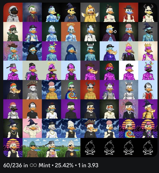 A grid display of 60 out of 236 NFT Duck avatars, with text reading "60/236 in ∞ Mint • 25.42% • 1 in 3.93".
