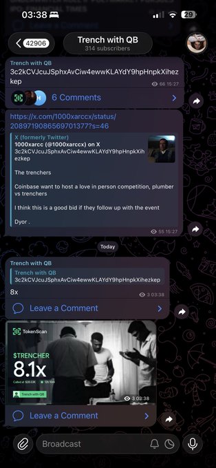 A screenshot of a mobile social media feed showing a community called 'Trench with QB' (42906) with posts about 'trenchers' and 'coinbase', and a video thumbnail displaying a 'TokenScan' showing 'STRENCHER 8.1x'.