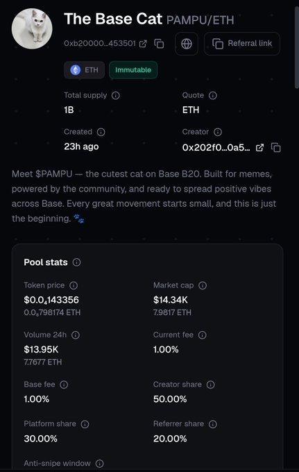 Cryptocurrency token information page for 'The Base Cat' (PAMPU/ETH) showing a total supply of 1B, created 23 hours ago, with a token price of $0.0₁143356 and market cap of $14.34K.