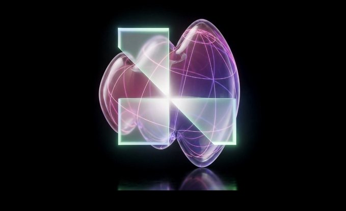 A glowing translucent bubble-like form with pink and purple hues sits against a black background, overlaid with a teal-outlined geometric shape resembling an hourglass or letter 'X'.