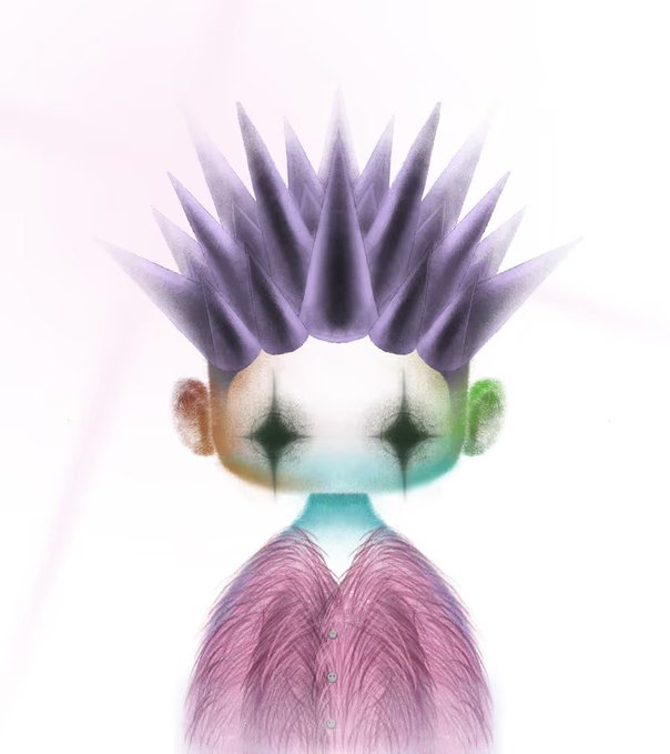 An artistic digital illustration of a surreal character with spiky purple hair, colorful gradient ears, star-shaped dark eyes, and a pink furry cardigan against a white background.