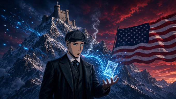An anime-style illustration depicts a man in a suit and cap standing before a castle on a snowy mountain, holding a glowing blue holographic card with an American flag waving nearby under a dramatic red sky.