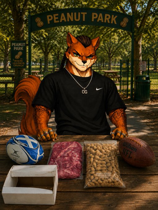 An anthropomorphic fox wearing a black Nike shirt and 'OG' chain sits at a picnic table at 'Peanut Park' with bags of peanuts, raw meat, a soccer ball, an NFL football, and an open box.