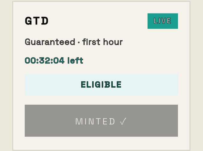 A digital card displays "GTD Guaranteed · first hour" with a LIVE indicator, showing "00:32:04 left," an "ELIGIBLE" status, and a grayed-out "MINTED ✓" button, confirming that the GTD NFT has already been successfully minted within the one-hour guarantee window.