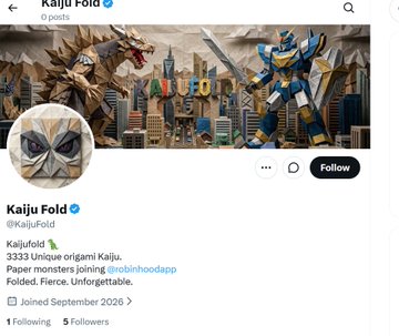 A Twitter/X profile page for verified account "Kaiju Fold" (@KaijuFold), featuring a banner image of robotic kaiju in a cityscape alongside origami-style art, with the bio stating "3333 Unique origami Kaiju. Paper monsters joining @robinhoodapp. Folded. Fierce. Unforgettable." The post highlights early NFT projects launching on Robinhood, including KaijuFold's 3,333 origami Kaiju NFTs.