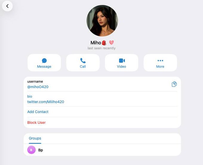 A Telegram profile for 'Miho' with username @miho0420, showing bio link twitter.com/Miiho420, a profile picture, and options to Message, Call, Video, with a group called 'B' visible.